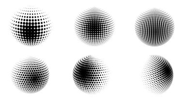 Yarım tonluk hacimli küreler. 3D küre koleksiyonu. Yarı ton tasarım elementleri. Vektör illüstrasyonu.