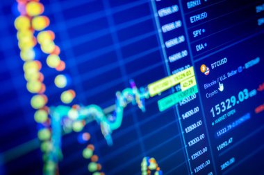 Karşılıklı kripto para birimi piyasasında veri analizi: sergilenen mumlar, çizelgeler ve diğer ticari analiz göstergeleri. Analitik fiyat değişikliği kripto para birimi BTC - Bitcoin / ABD Doları.