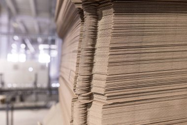 Parçalanmış karton yapraklar paletlerin üstüne yığın halinde - montajdan sonra karton kutular olacak. Endüstriyel üretimde bitmiş ürünlerin ambalajı.