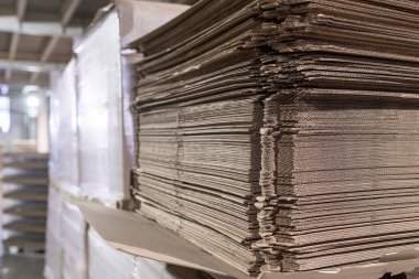 Parçalanmış karton yapraklar paletlerin üstüne yığın halinde - montajdan sonra karton kutular olacak. Endüstriyel üretimde bitmiş ürünlerin ambalajı.