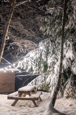 Büyüleyici manzara, kışın inanılmaz bir Noel havası yaratır. Kabarık bir ladin ağacı ve ahşap kulübenin yanında masası olan bir bank, her şey yumuşak karla kaplanmış ve çelenklerin ışığıyla aydınlanmış.