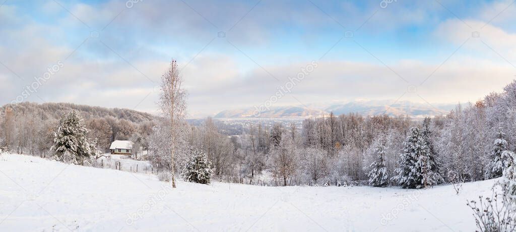 Superb panoramic winter landscape with village house in the mountains. Snow-covered trees, branches in hoarfrost. Part of the Ukrainian Carpathians in Transcarpathia near Tyachiv.