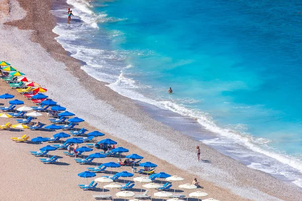 Colorful Umbrellas Sunbeds Empty Beach Resort Vacation Concept Greece Islands — Stock Photo, Image