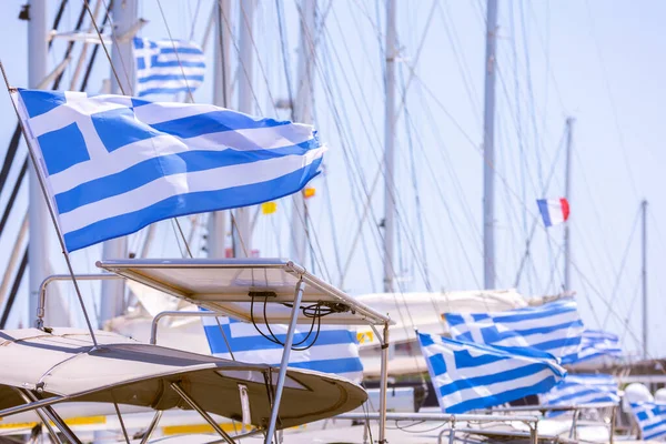 Greek Flags Flutter Wind Stern Sailing Yachts Marina Port City — Stock Photo, Image