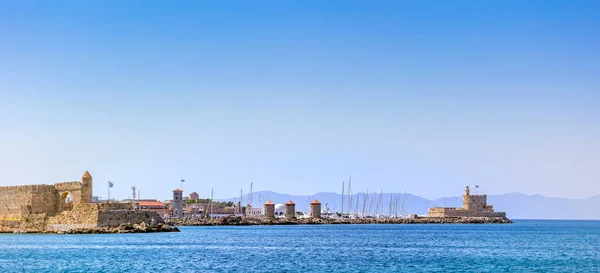 Panoramic View Mandraki Harbor Marina Place Colossus Rhodes Mooring Yachts — 스톡 사진