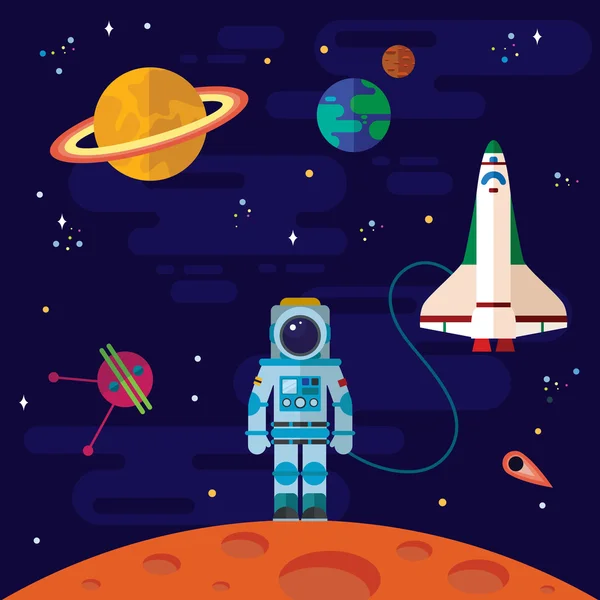 Ruimte, ruimteschip, astronaut en planeten. — Stockvector