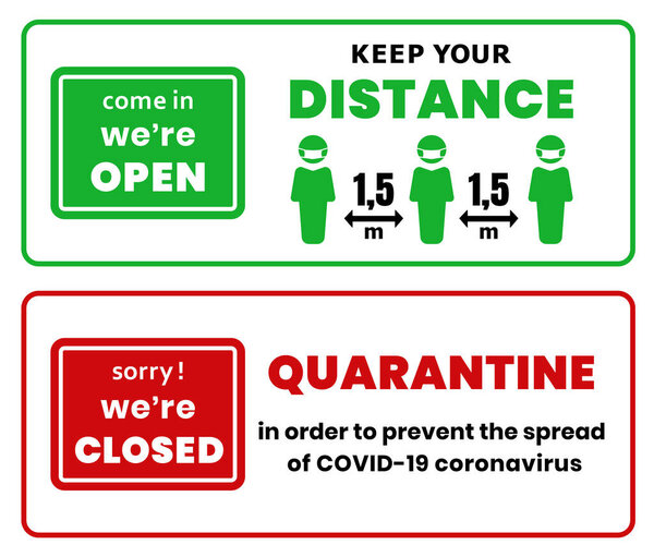 Приходите, мы открыты и жаль, что мы закрыты доска shop.Wear маска для лица и Держите социальную дистанцию. Информационный предупреждающий знак. Ограничение и осторожность COVID-19. Вектор