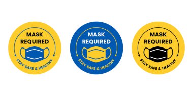 Yüz Kaplama Simgesi ile Vektör Tasarımı. Maske, sarı ve mavi renklerde güvenli ve sağlıklı kalmalı. Coronavirus covid-19 Sosyal Mesafe Salgını Etiketi.