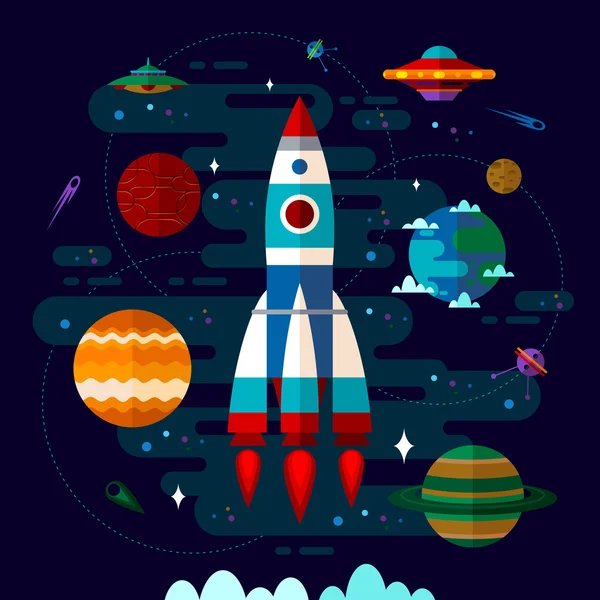 Space with spaceship, ufo and planets. — Stock Vector