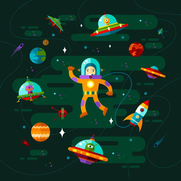 Space, ufo and astronaut. — Stock Vector