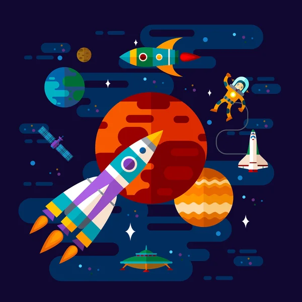Ruimte, ruimteschip, astronaut en planeten. — Stockvector