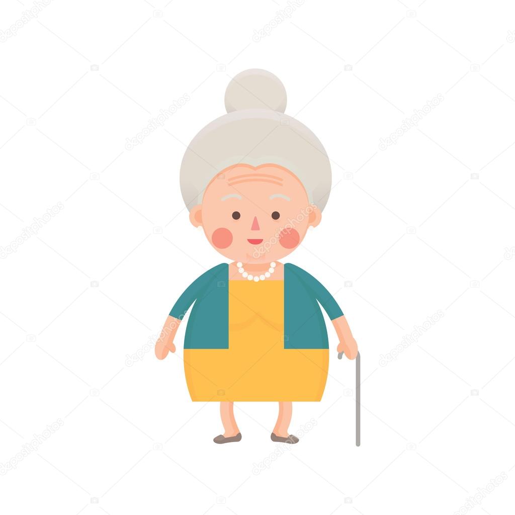 Senior Woman in Yellow Dress with Walking Stick