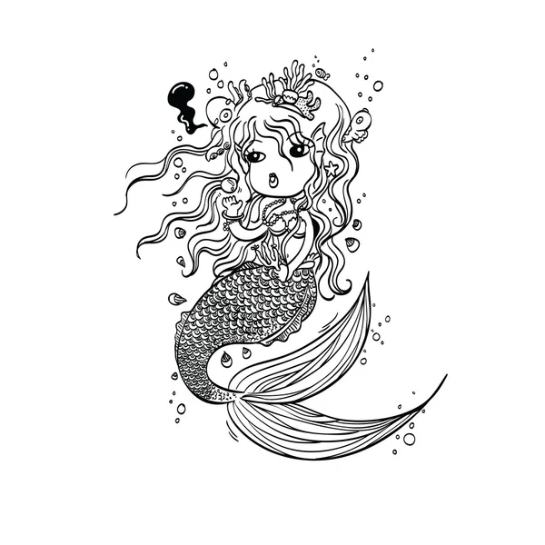 Doodle Mermaid Under the Sea Cartoon Character — Stock Vector