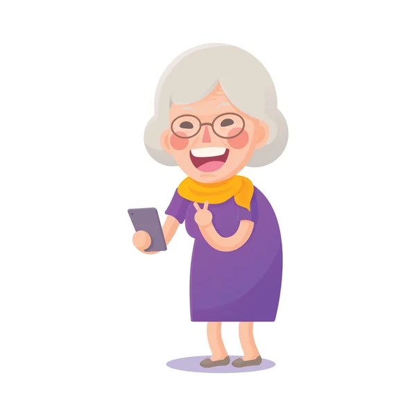 Felice vecchia donna prendere un selfie — Vettoriale Stock