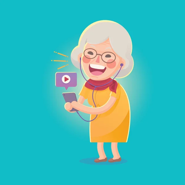 Happy Old Woman Watch Movie From Smart phone - Stok Vektor