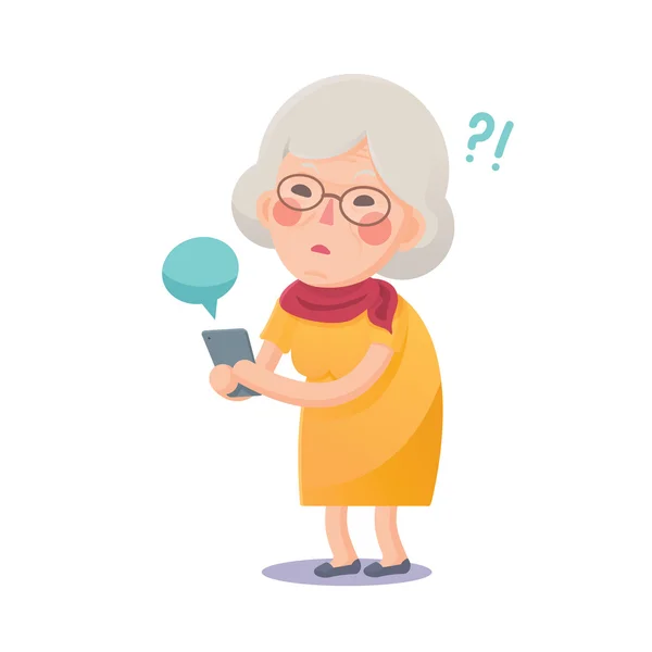 使用智能手机的困惑的奶奶 — 图库矢量图片