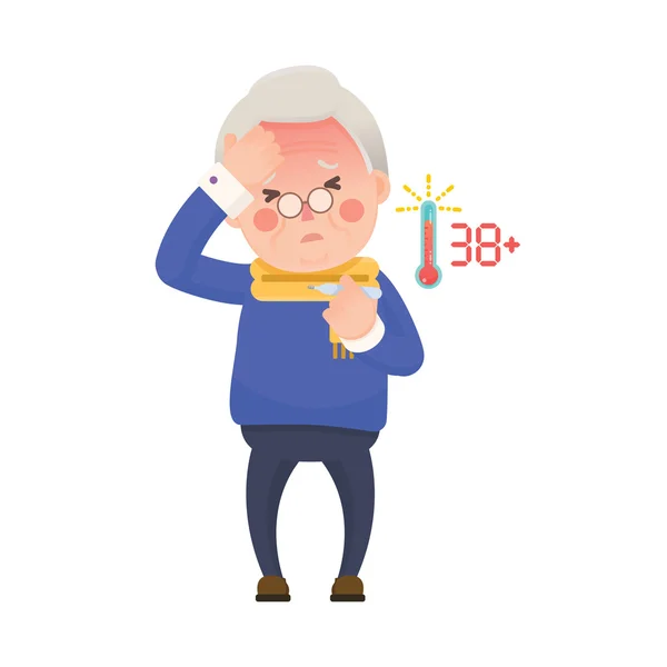 Homme âgé avec thermomètre de contrôle de la fièvre — Image vectorielle