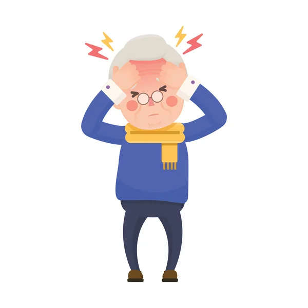 Hombre mayor enfermo con dolor de cabeza y alta temperatura — Vector de stock