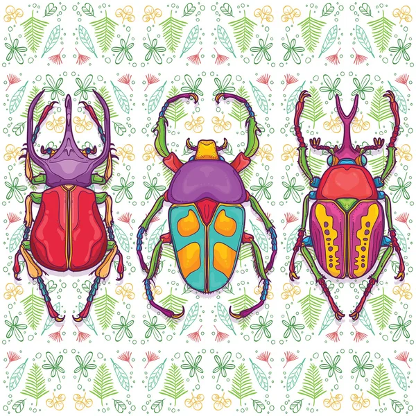 Set of 3 Colorful Beetle Bugs, Insect on Endless Leaf Background — Stock Vector
