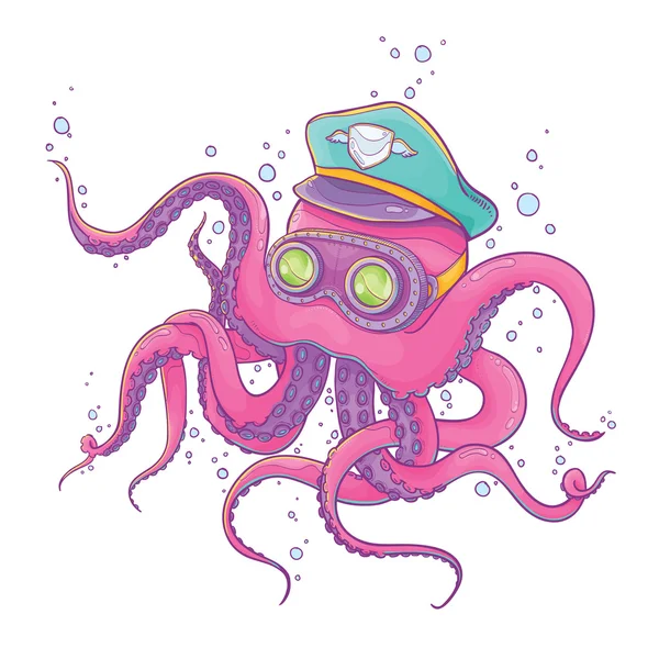 Octopus vestindo chapéu de capitão e óculos —  Vetores de Stock
