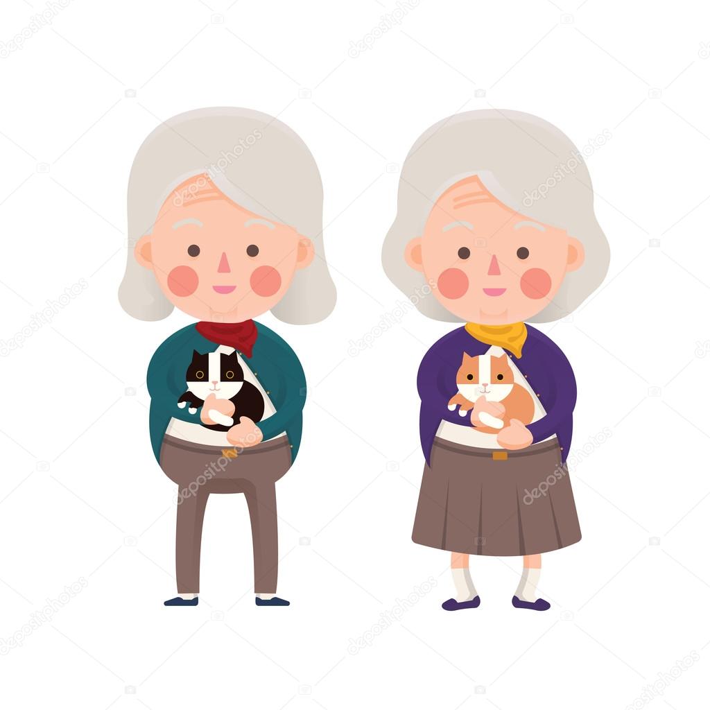 Senior Women Holding Cat, Cartoon Character