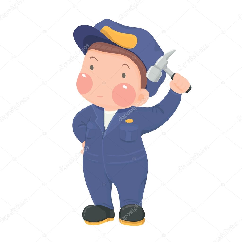 Service Worker in Blue Work wear with Hammer