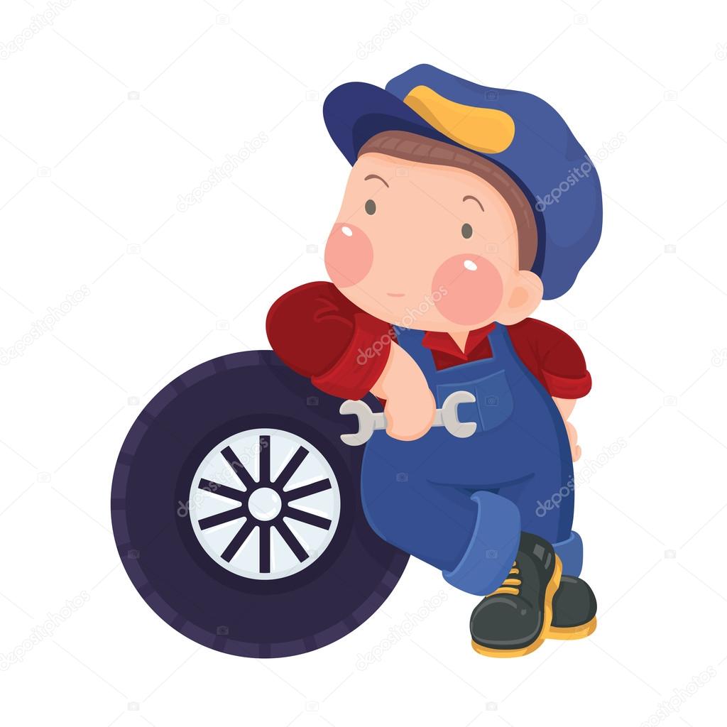 Auto Mechanic Boy Leaning Against a Car's Tire
