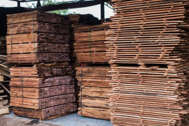 Kurutma için yığılmış çam kalas yığınları