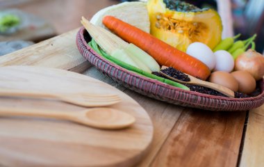 temiz gıda, sebze seti, ahşap tabak ve ahşap Ahşap sekmesinde çatal