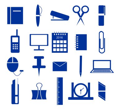 Simgeler, beyaz arka plan üzerinde mavi Kırtasiye