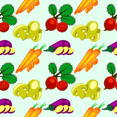 Vektör sebze unsurları ile seamless modeli: patlıcan, pancar, havuç ve mantar.