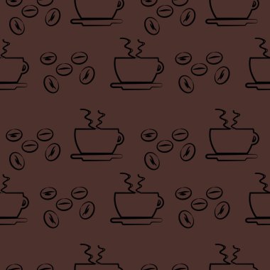 Sorunsuz vektör desen, bardak ve kahve çekirdekleri ile koyu kahverengi zemin