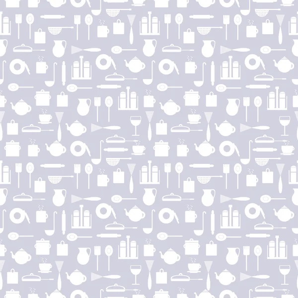 Patrón vectorial sin costuras con elementos de utensilios de cocina blancos sobre fondo gris — Archivo Imágenes Vectoriales