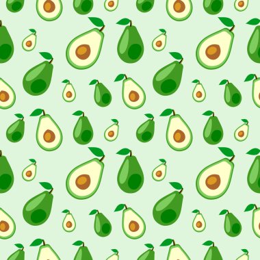 Sorunsuz vektör desen, avokado, tam ve yarım ışık zemin üzerinde meyve kaotik arka plan.