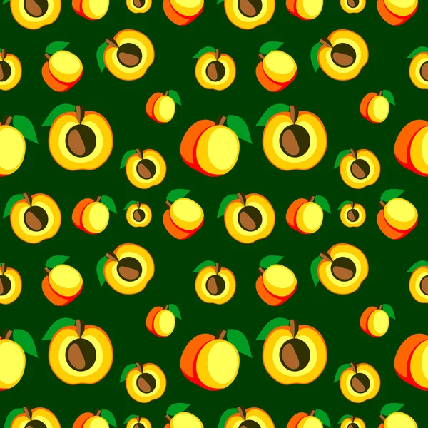 Безшовний векторний візерунок, яскраві фрукти хаотичний фон з абрикосами, цілий і півтора на темному тлі . — стоковий вектор