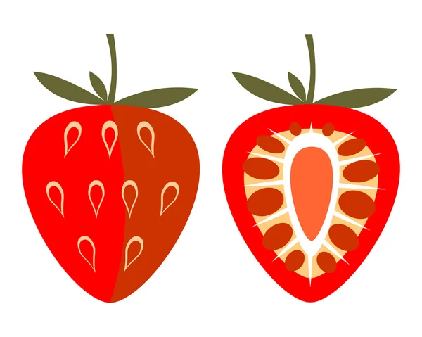 Vektor frukter illustration. Detaljerad ikon av jordgubb, hela och halva, isolerade över vit bakgrund — Stock vektor