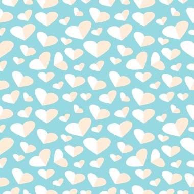 Seamless vector pattern, blue chaotic background with pink asymmetrical hearts
