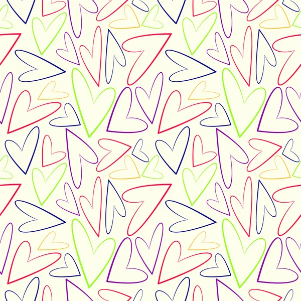 Modèle vectoriel sans couture, fond chaotique blanc avec des cœurs colorés — Image vectorielle