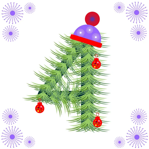 Векторная иллюстрация шрифта дерева. Зимний алфавит номер. Зеленая стилизованная фигура с рождественскими украшениями, кепкой и снежинками . — стоковый вектор