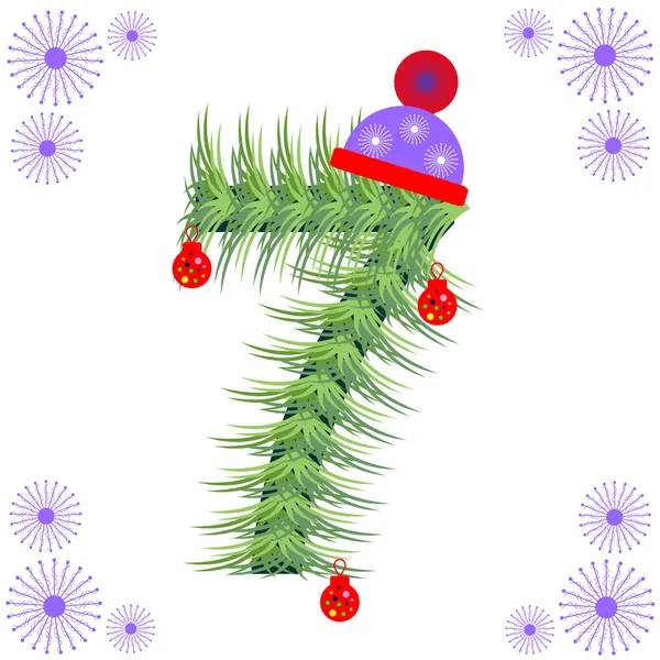 Vektorillustration der Baumschrift. Winterbuchstabenzahl. grüne stilisierte Figur mit Weihnachtsschmuck, Mütze und Schneeflocken. — Stockvektor