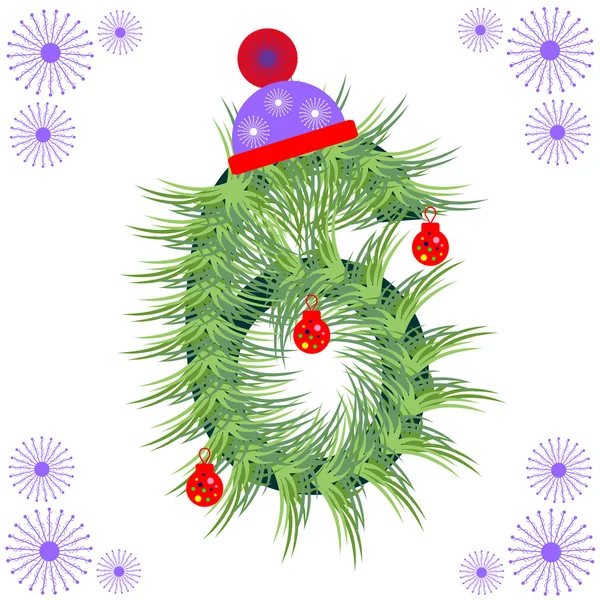 Vektorillustration der Baumschrift. Winterbuchstabenzahl. grüne stilisierte Figur mit Weihnachtsschmuck, Mütze und Schneeflocken. — Stockvektor