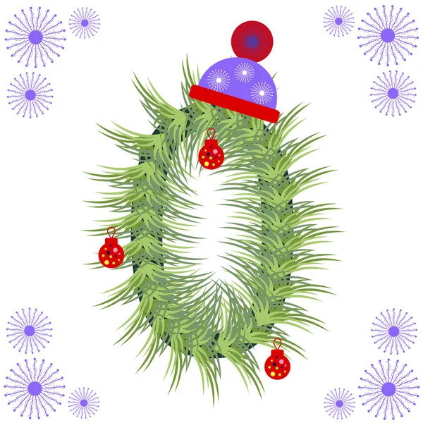 Ilustração vetorial de fonte tree. Número do alfabeto de inverno. Figura estilizada verde com decorações de Natal, boné e flocos de neve . — Vetor de Stock
