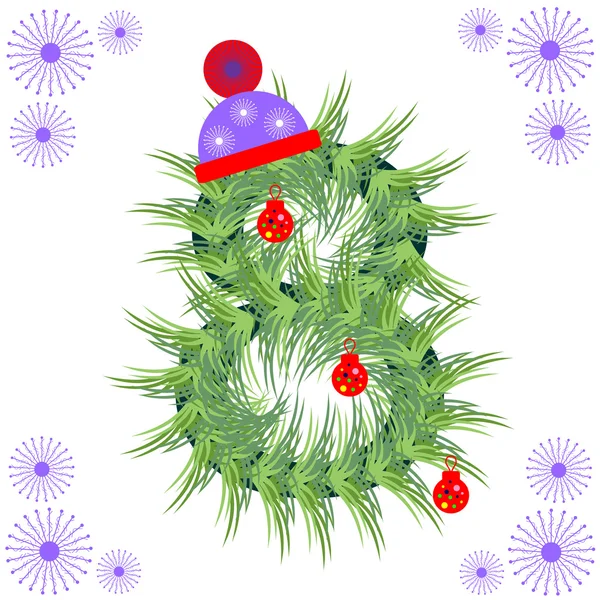 Ilustração vetorial de fonte tree. Número do alfabeto de inverno. Figura estilizada verde com decorações de Natal, boné e flocos de neve . —  Vetores de Stock