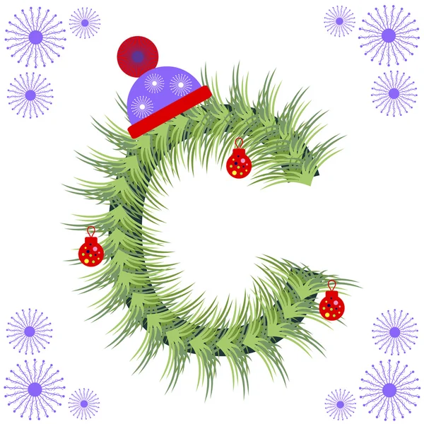 Ilustração vetorial de fonte de abeto. Alfabeto de inverno. Figura estilizada verde com decorações de Natal, boné e flocos de neve . — Vetor de Stock