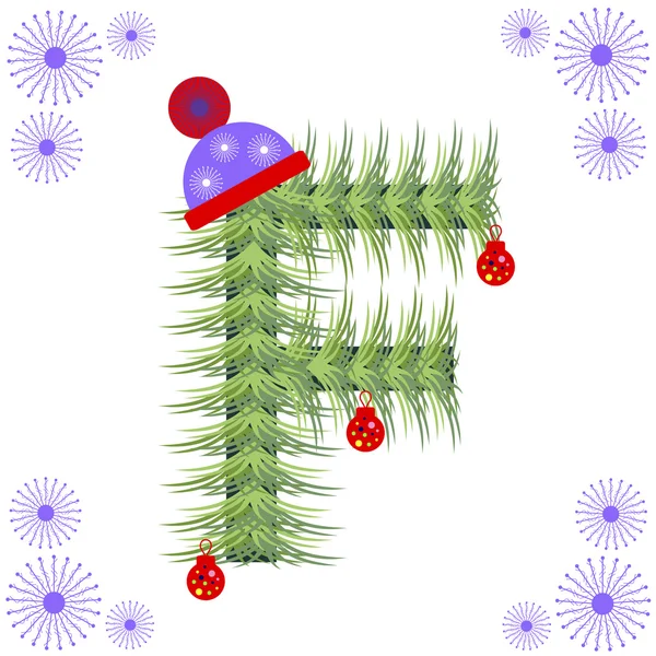 Vektorillustration der Tanne-Baum-Schrift. Buchstabe für Buchstabe für Buchstabe. grüne stilisierte Figur mit Weihnachtsschmuck, Mütze und Schneeflocken. — Stockvektor