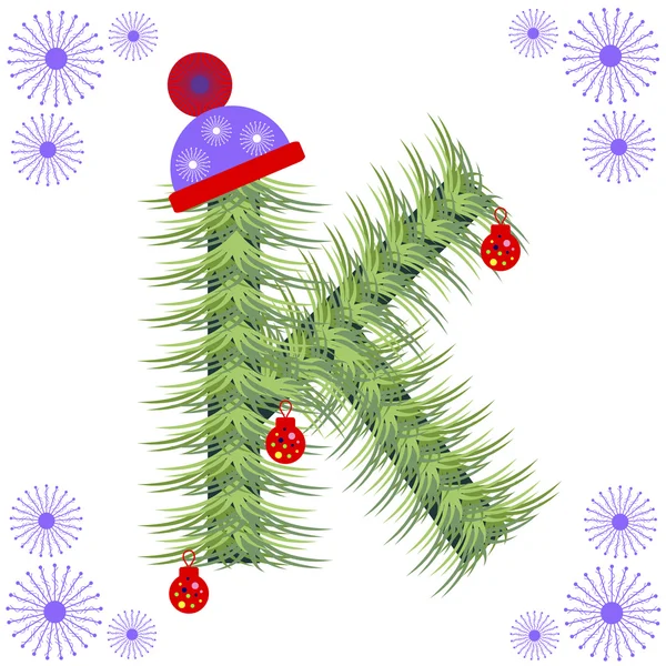 Ilustração vetorial de fonte de abeto. Alfabeto de inverno. Figura estilizada verde com decorações de Natal, boné e flocos de neve . — Vetor de Stock