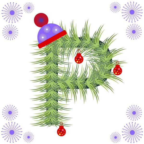 Ilustração vetorial de fonte de abeto. Alfabeto de inverno. Figura estilizada verde com decorações de Natal, boné e flocos de neve . — Vetor de Stock