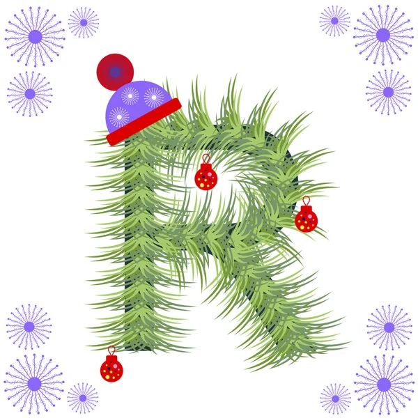 Vektorillustration der Tanne-Baum-Schrift. Buchstabe für Buchstabe für Buchstabe. grüne stilisierte Figur mit Weihnachtsschmuck, Mütze und Schneeflocken. — Stockvektor