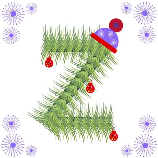 Vektorillustration der Tanne-Baum-Schrift. Buchstabe für Buchstabe für Buchstabe. grüne stilisierte Figur mit Weihnachtsschmuck, Mütze und Schneeflocken. — Stockvektor