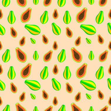Yakın çekim papaya, tam ve yarım ile simetrik arka plan sorunsuz vektör desen, parlak meyve
